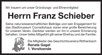Traueranzeige von Franz Schieber von Pegnitz-Zeitung